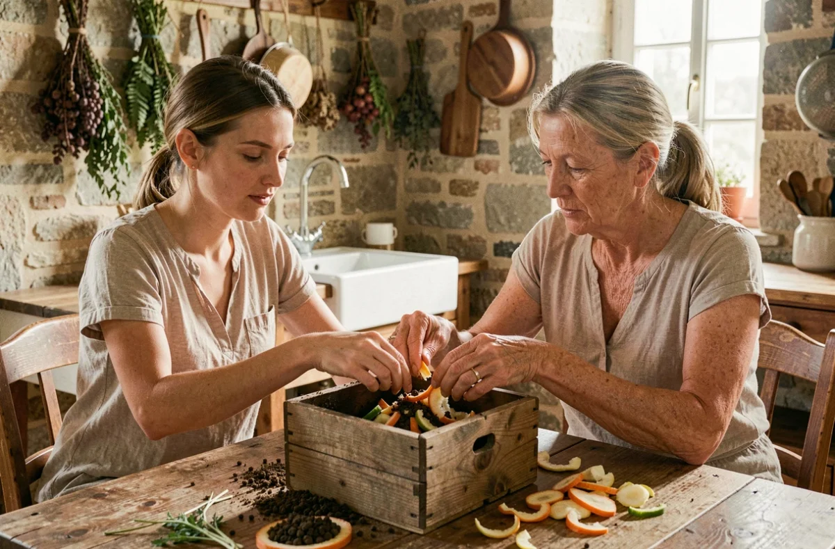 Deux femmes préparant un compost maison avec des épluchures de légumes dans une cuisine rustique, illustrant la règle du compostage zéro déchet