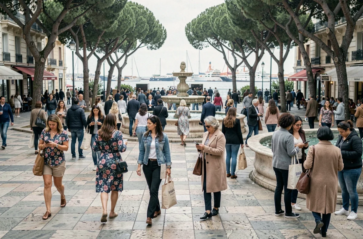 Place urbaine de Marseille animée par des femmes de tous âges, illustrant la démographie féminine dominante dans les grandes métropoles françaises