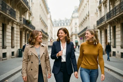 Trois femmes françaises marchant ensemble dans une rue parisienne animée, illustrant la forte présence féminine dans les grandes villes de France