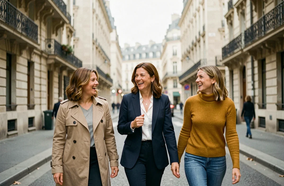 Trois femmes françaises marchant ensemble dans une rue parisienne animée, illustrant la forte présence féminine dans les grandes villes de France