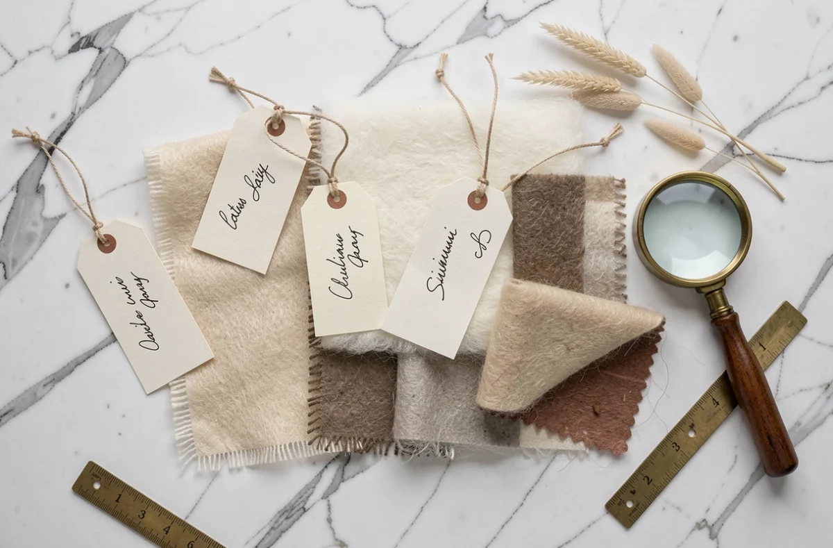 Flat lay de swatches de tissus précieux — cachemire, soie de lotus et qiviut — sur marbre blanc avec étiquettes artisanales