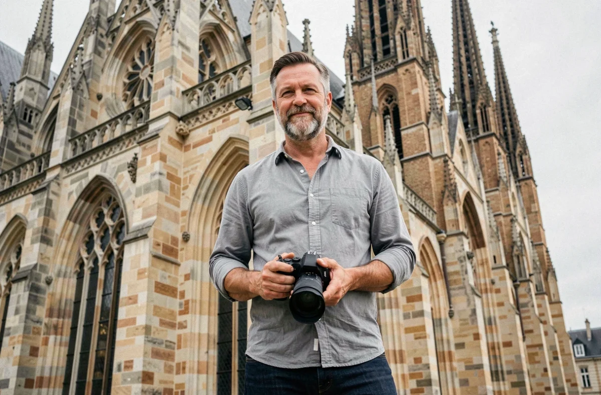 Frédéric de MissionPhotographe Beauvais devant la cathédrale de Beauvais dans l'Oise, appareil photo en main