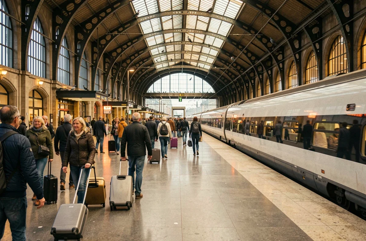 Grande gare européenne animée avec un train à grande vitesse en quai, voyageurs et architecture en fer forgé illustrant l'excellence ferroviaire européenne