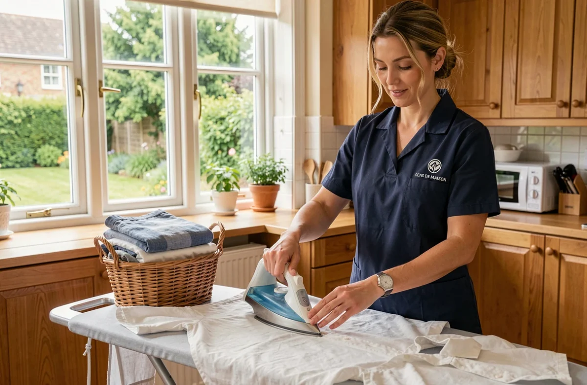 Employée de Gens De Maison en uniforme marine repassant une chemise blanche dans une cuisine domestique normande