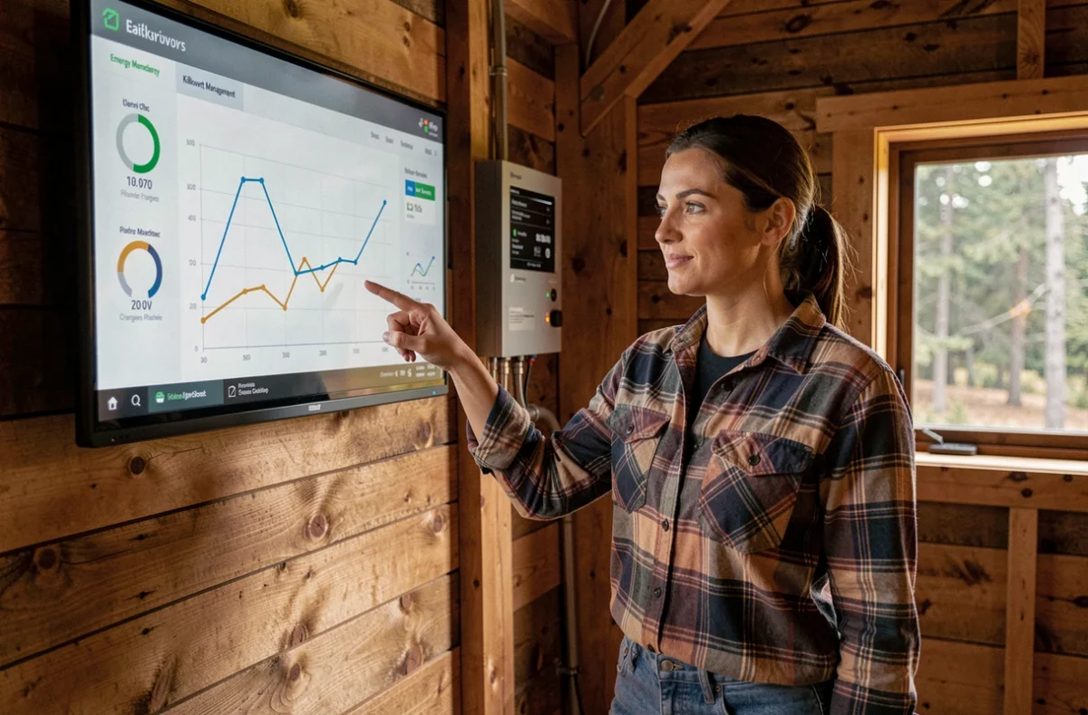 Femme consultant un tableau de bord de gestion d'énergie dans un chalet autonome équipé de batteries et panneaux solaires