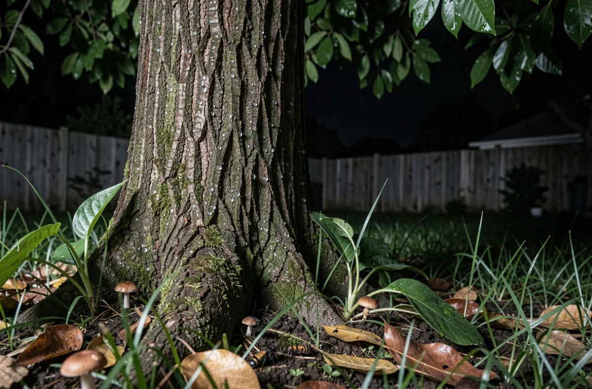Gros plan sur un tronc d'arbre la nuit avec rosée, insectes et feuilles tombées, illustrant l'environnement nocturne sous les arbres