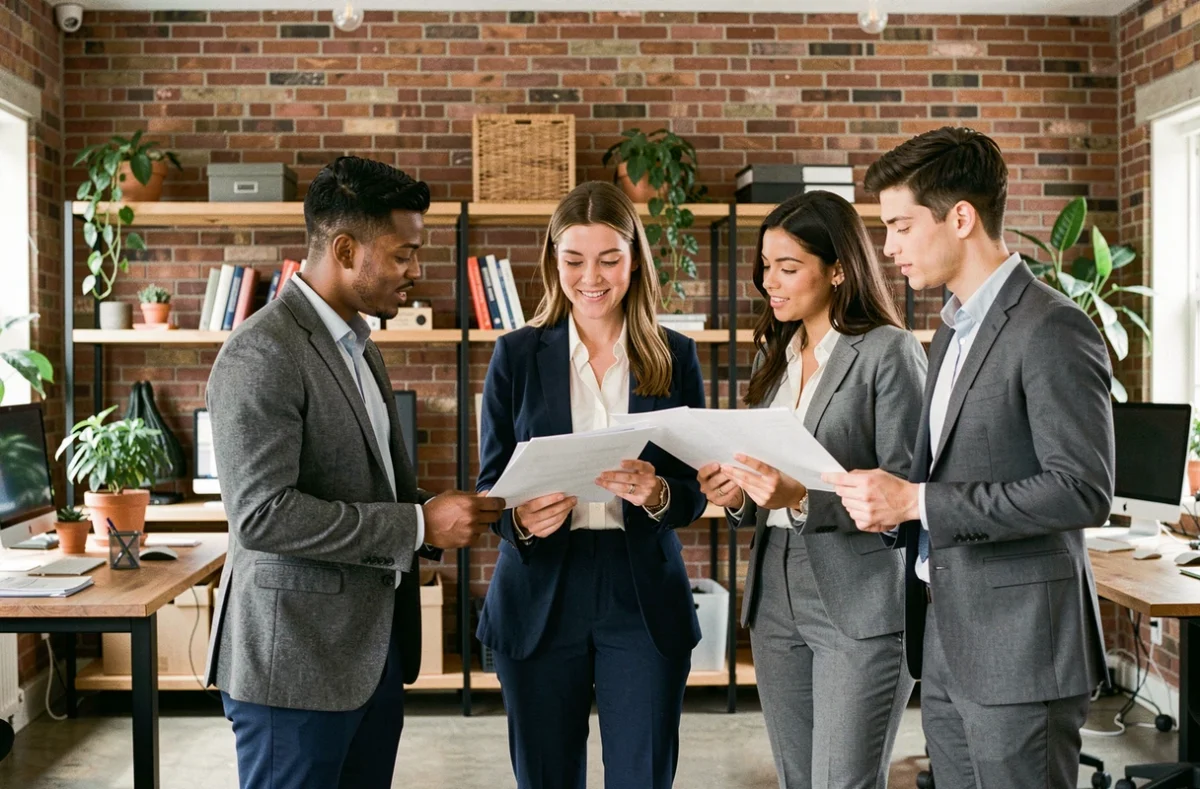 Groupe de jeunes professionnels en tenue business casual collaborant dans un espace de travail moderne, soulignant l'importance du dress code professionnel