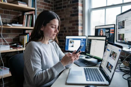 Femme consultant son smartphone entourée de multiples écrans allumés, symbolisant la pollution numérique liée aux habitudes de consommation en ligne