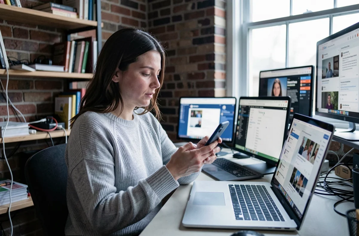 Femme consultant son smartphone entourée de multiples écrans allumés, symbolisant la pollution numérique liée aux habitudes de consommation en ligne