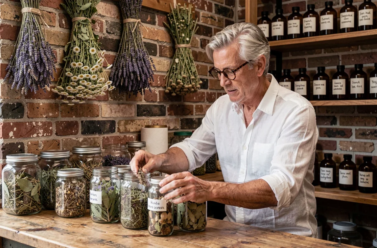Naturopathe arrangeant des plantes médicinales et remèdes naturels dans une herboristerie artisanale aux murs en briques