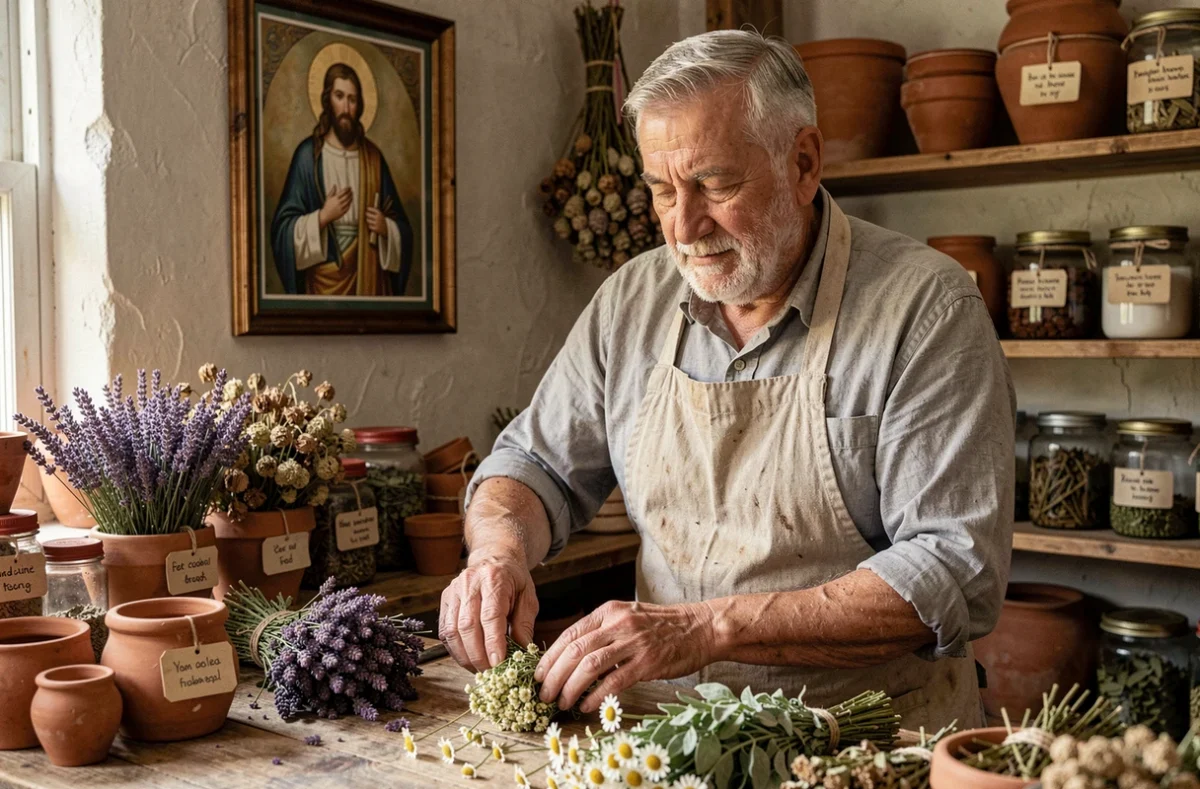 Herboriste âgé arrangeant des plantes médicinales dans un atelier d'apothicaire avec une image dévotionnelle de saint Raphaël archange guérisseur