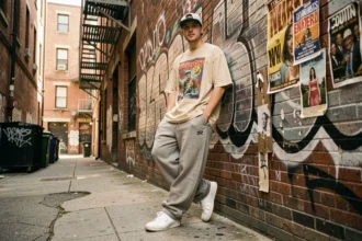 Jeune homme en tenue streetwear vintage années 80, snapback et sneakers blanches, posant contre un mur de briques urbain couvert de graffitis