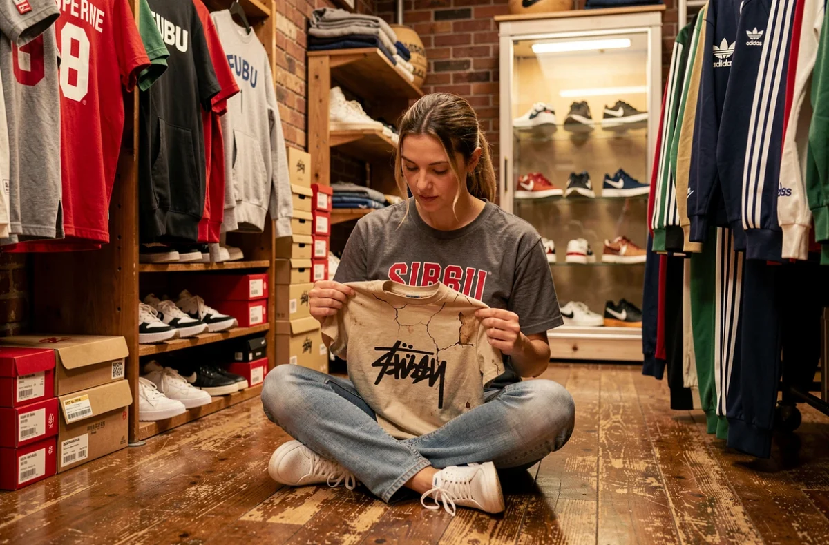 Femme experte en culture streetwear examinant un t-shirt Stüssy vintage dans une boutique de vêtements rétro remplie de sneakers et de pièces rares