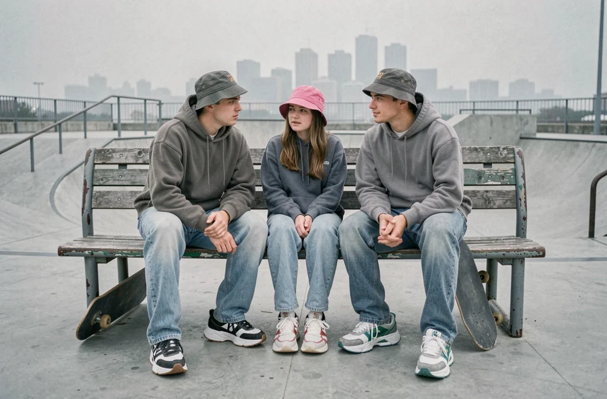 Groupe de jeunes adultes en streetwear années 90, hoodies et sneakers épaisses, réunis dans un skate plaza en béton urbain