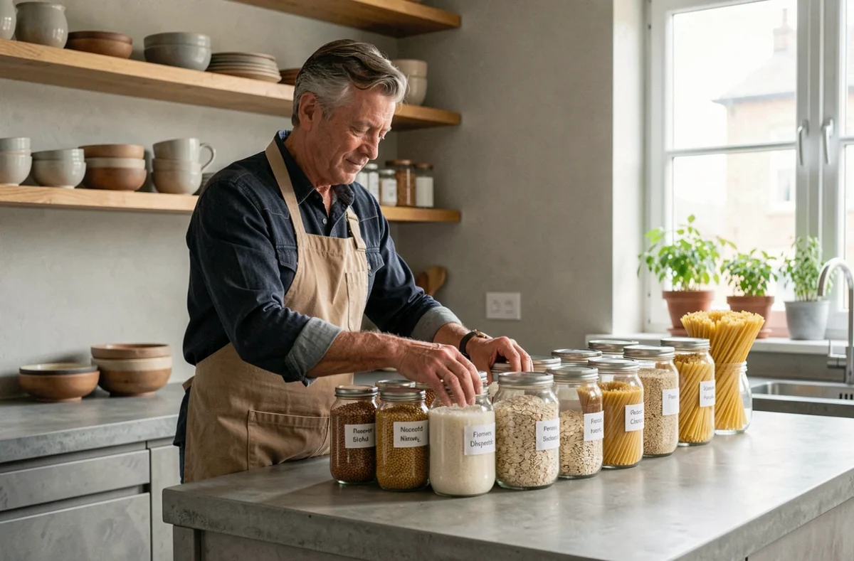 Homme organisant des bocaux en verre remplis de produits en vrac dans une cuisine moderne, représentant les règles du mode de vie zéro déchet