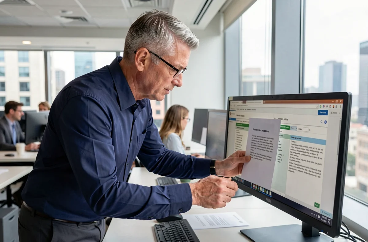 Homme comparant des traductions sur un logiciel gratuit dans un bureau professionnel en open space