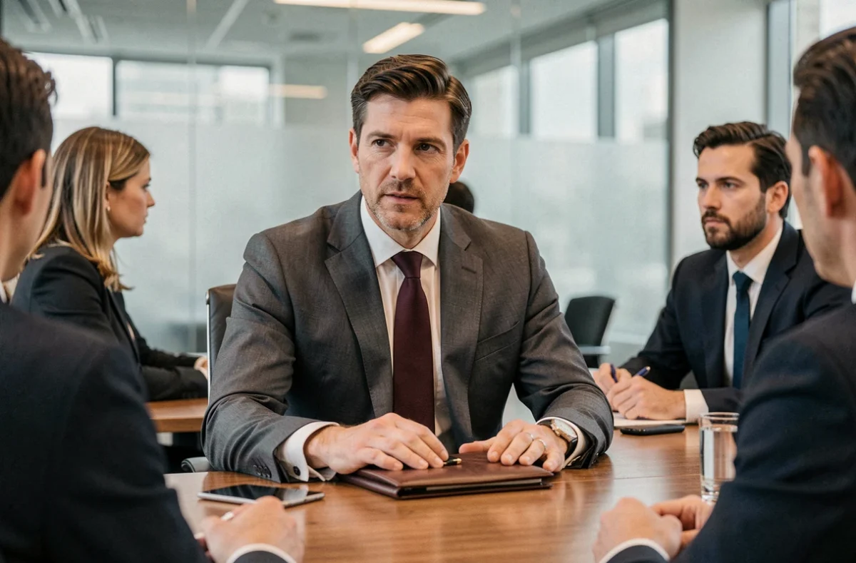 Homme en costume gris charbon lors d'une réunion professionnelle, montrant l'impact de la tenue vestimentaire en milieu de travail