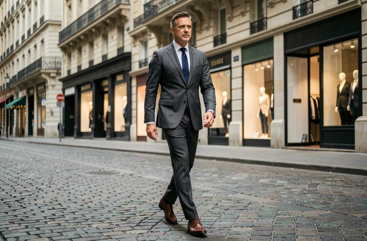 Homme élégamment habillé marchant dans une rue pavée européenne, symbolisant l'évolution du style masculin contemporain
