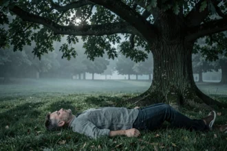 Homme endormi sous un grand chêne la nuit dans un parc, illustrant les risques de dormir sous un arbre en plein air