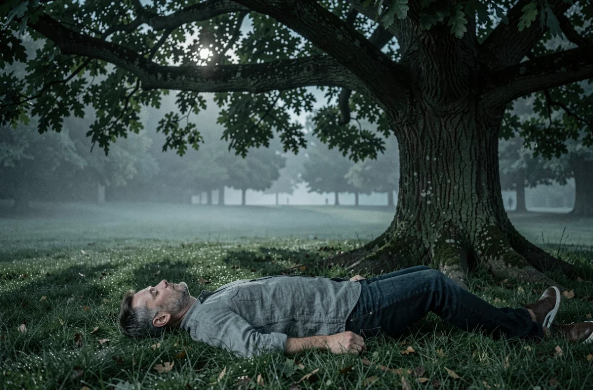 Homme endormi sous un grand chêne la nuit dans un parc, illustrant les risques de dormir sous un arbre en plein air