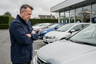 Homme évaluant une berline d'occasion dans un parking de concession automobile pour faire un bon investissement
