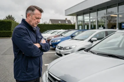 Homme évaluant une berline d'occasion dans un parking de concession automobile pour faire un bon investissement