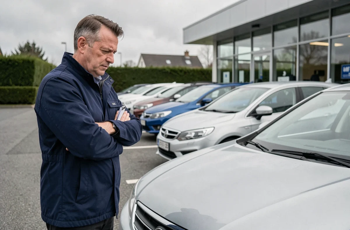 Homme évaluant une berline d'occasion dans un parking de concession automobile pour faire un bon investissement