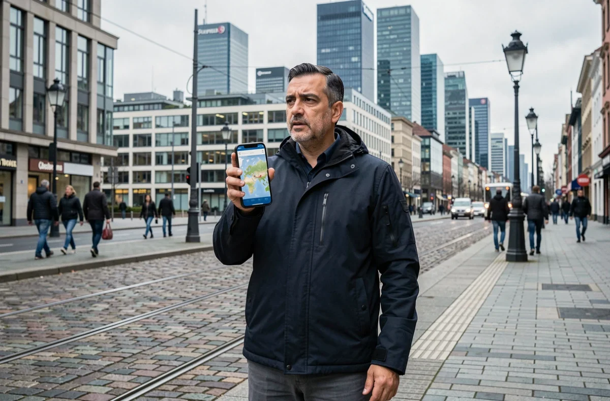 Homme immigrant debout dans une grande ville européenne consultant une application de migration sur son smartphone