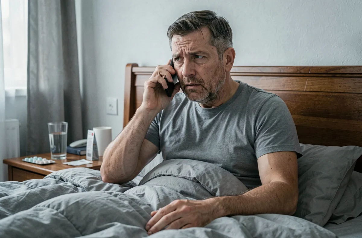 Homme malade appelant son patron depuis son lit pour signaler son absence au travail
