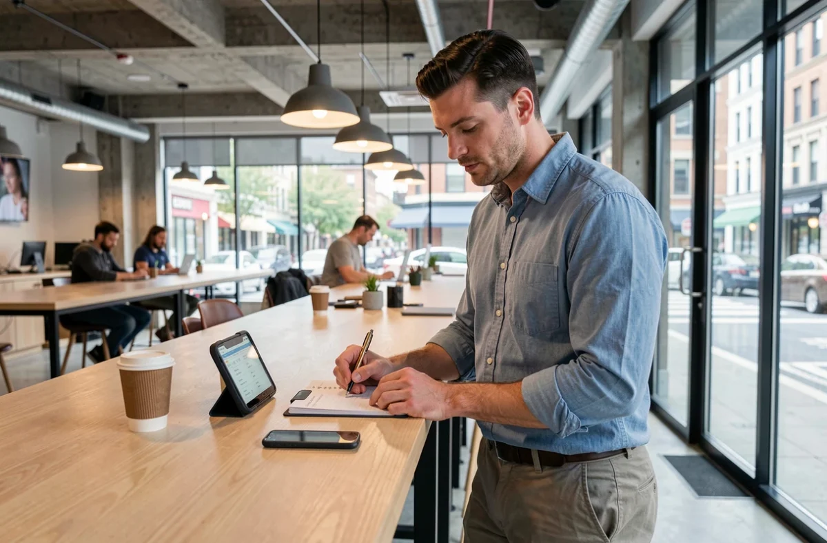 Un homme millennial prend des notes dans son agenda financier dans un espace de coworking moderne en ville