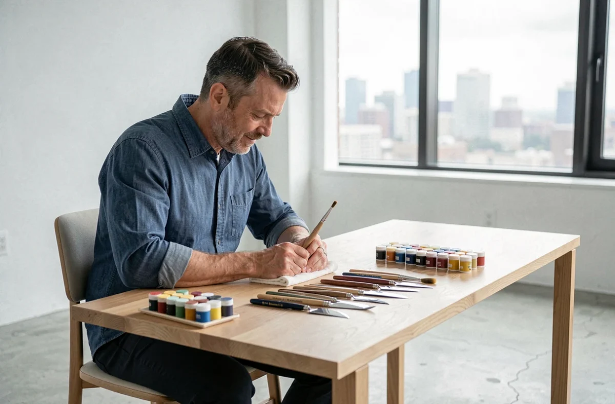 Homme nettoyant ses pinceaux de peinture avec méthode dans un studio minimaliste moderne