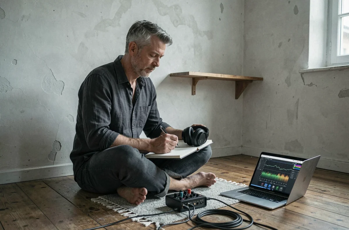 Homme expérimenté prenant des notes sur les niveaux sonores avec interface audio et ordinateur portable en home studio