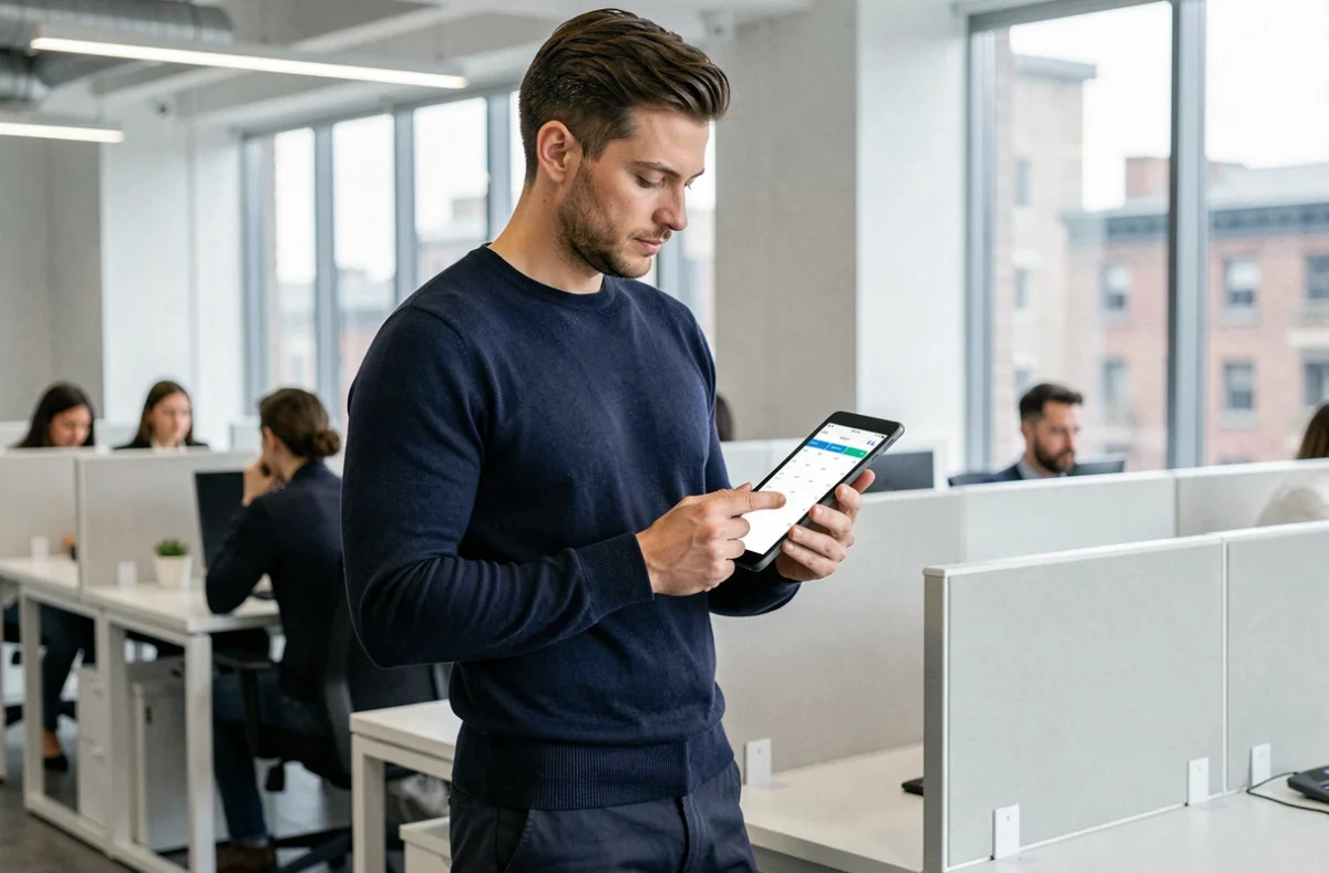 Homme consultant un planning de journée numérique sur tablette dans un bureau moderne en open space