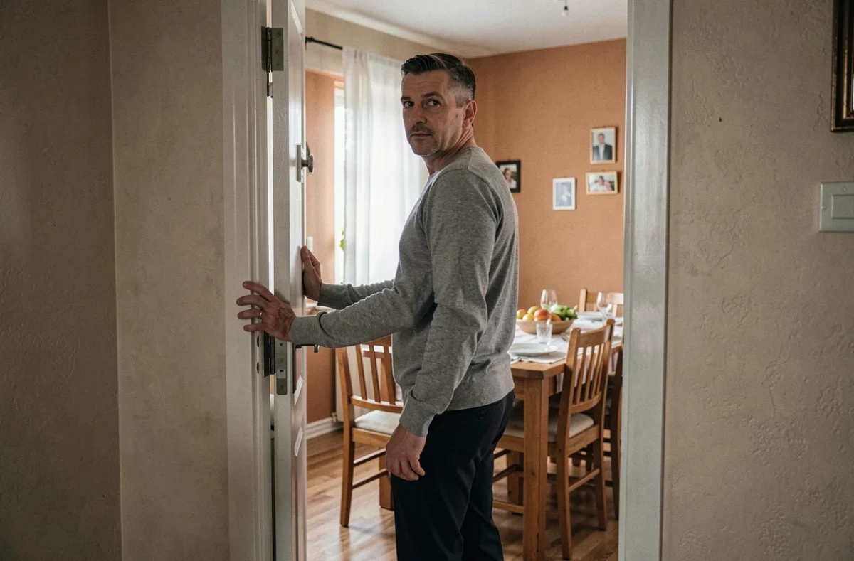 Homme dans l'embrasure d'une porte regardant une table familiale vide, symbolisant la distance émotionnelle avec sa famille