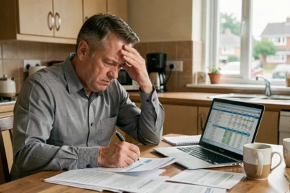 Homme stressé examinant des documents de prêt hypothécaire à la table de cuisine avec des papiers éparpillés et un ordinateur portable