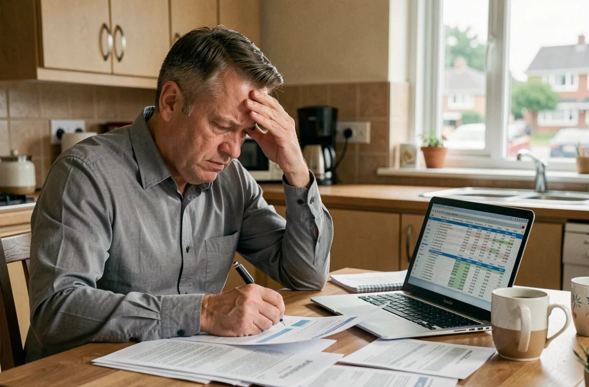 Homme stressé examinant des documents de prêt hypothécaire à la table de cuisine avec des papiers éparpillés et un ordinateur portable