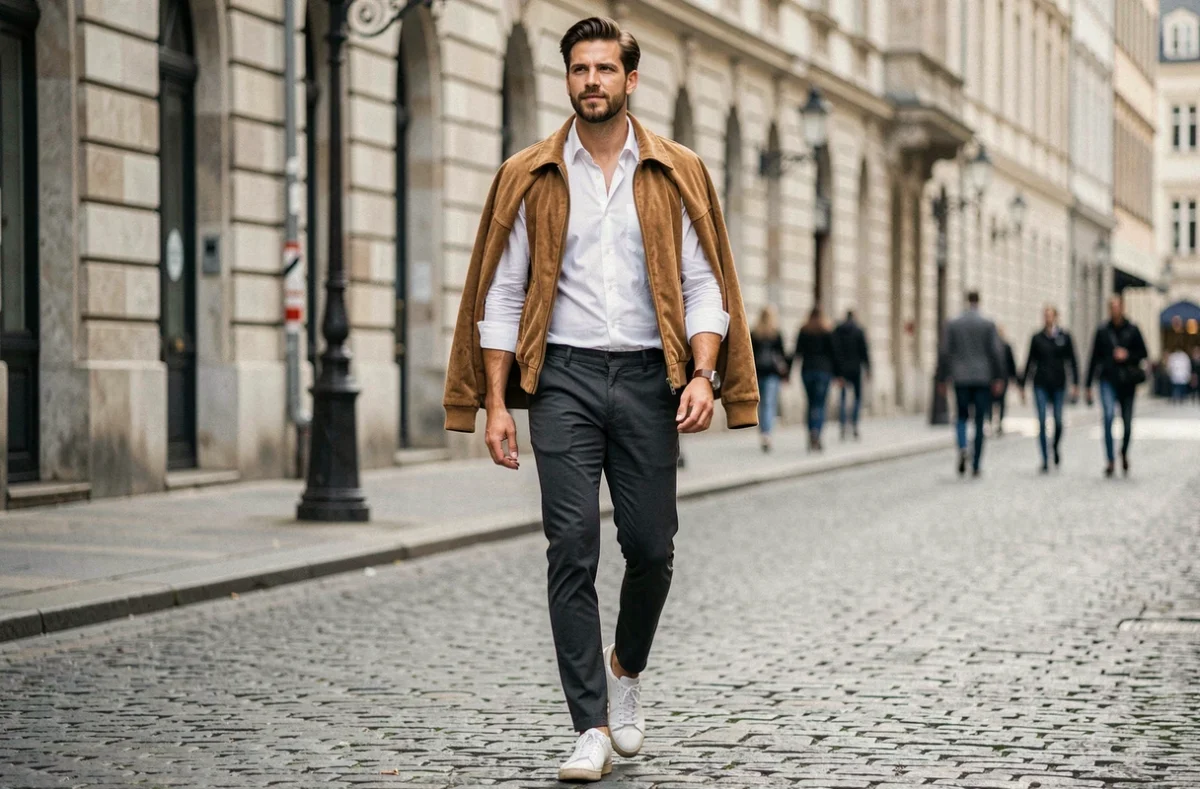 Homme stylé marchant dans une rue pavée européenne avec un bomber suède caramel sur les épaules et des sneakers blanches