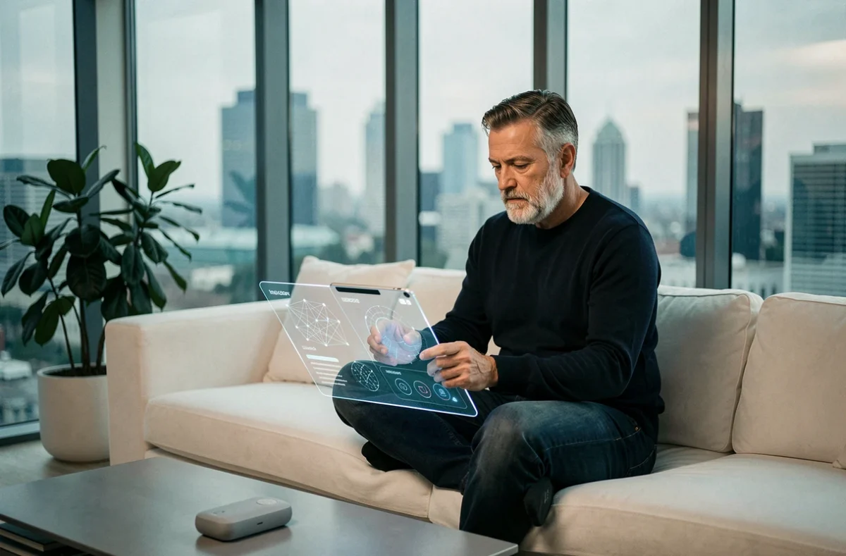 Homme utilisant une tablette transparente avec intelligence artificielle dans un appartement connecté, vision de l'informatique dans 5 ans