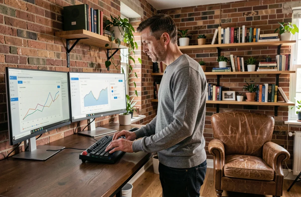 Homme en télétravail debout à son bureau ergonomique, travaillant sur plusieurs écrans pour optimiser son organisation et sa productivité