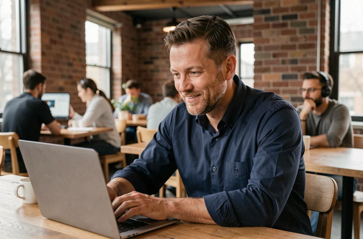 Homme en visioconférence dans un espace de coworking moderne, représentant le travail hybride et la collaboration à distance