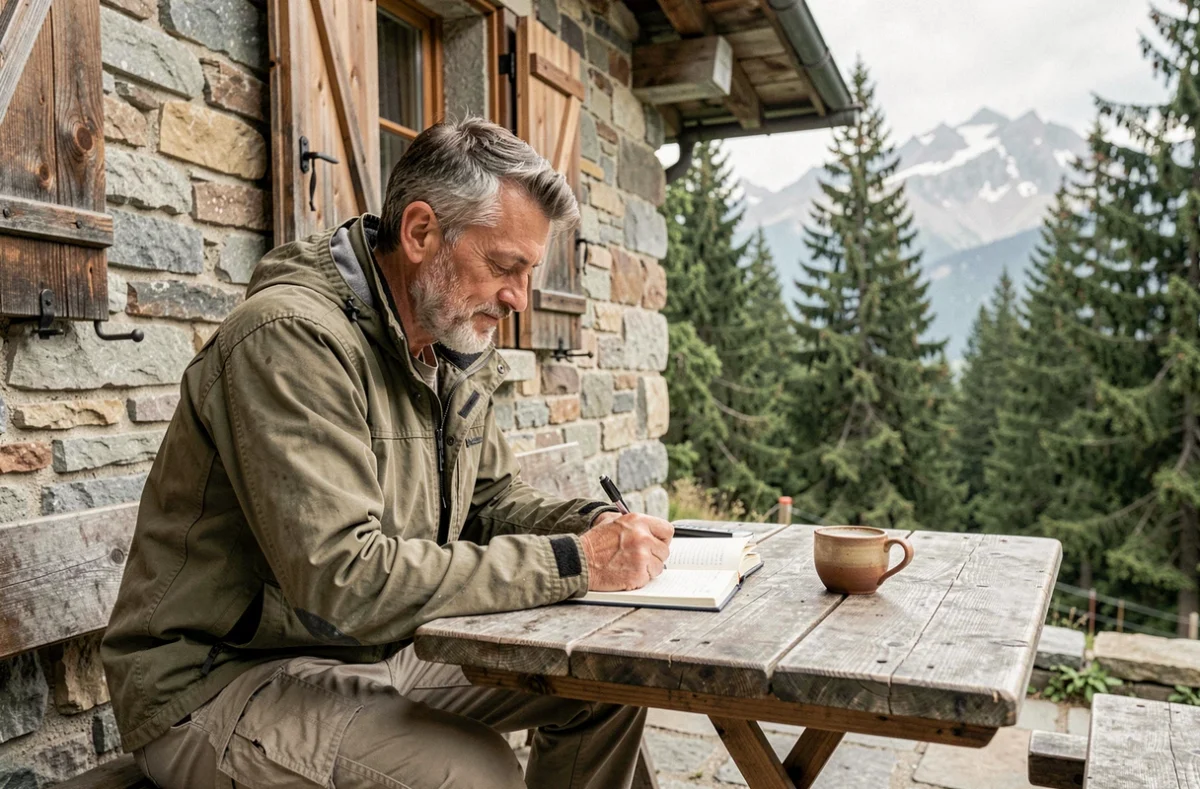 Homme seul en voyage de randonnée écrivant dans un journal devant un refuge de montagne