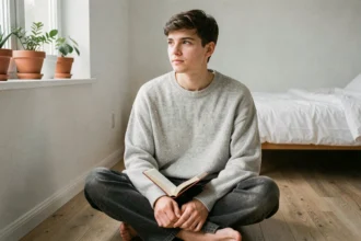 Jeune personne androgyne réfléchissant à son identité de genre dans une chambre minimaliste, tenant un journal intime ouvert
