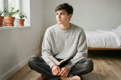 Jeune personne androgyne réfléchissant à son identité de genre dans une chambre minimaliste, tenant un journal intime ouvert