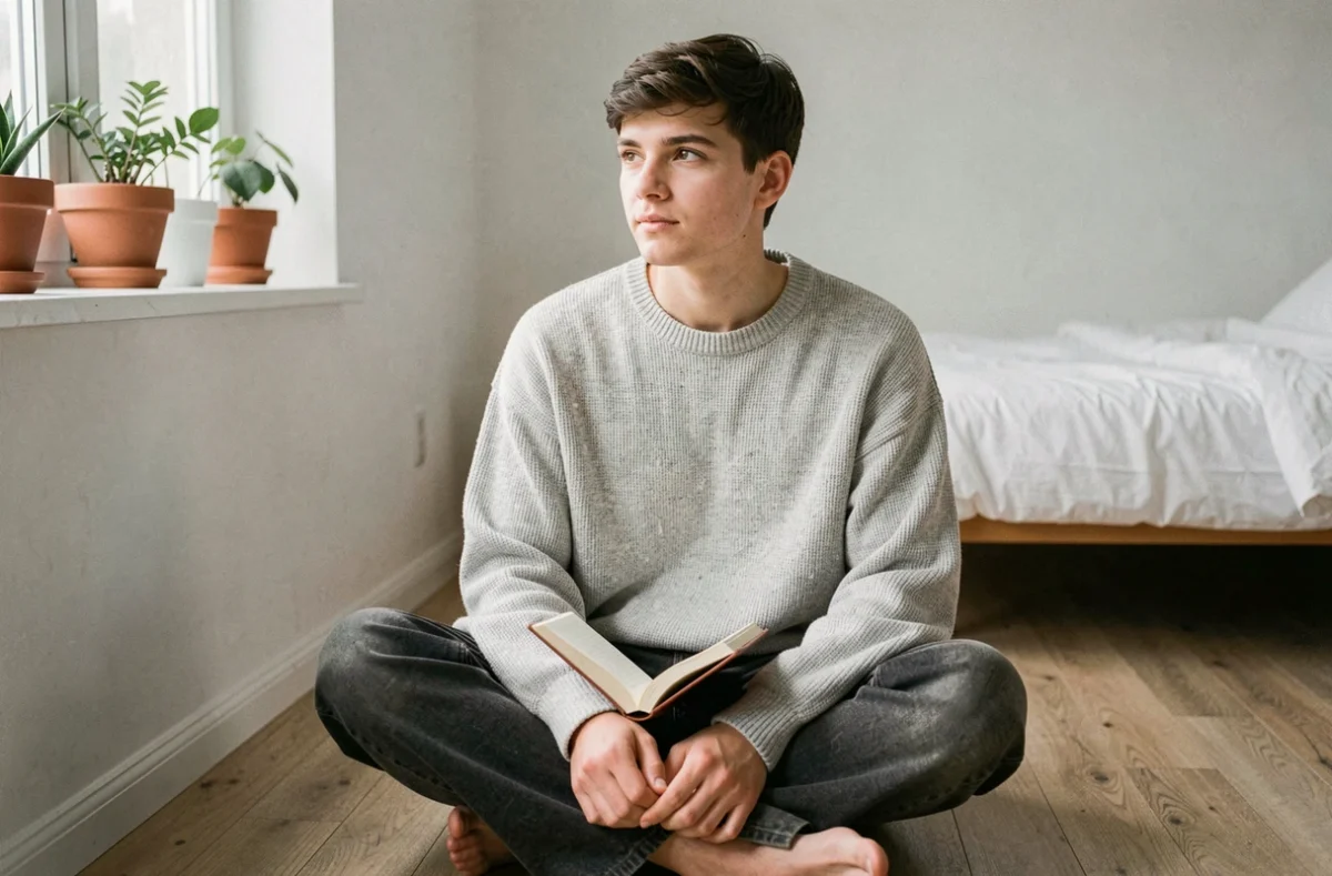Jeune personne androgyne réfléchissant à son identité de genre dans une chambre minimaliste, tenant un journal intime ouvert