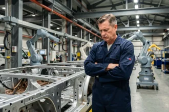 Ingénieur automobile inquiet sur une ligne d'assemblage face aux difficultés de production industrielle