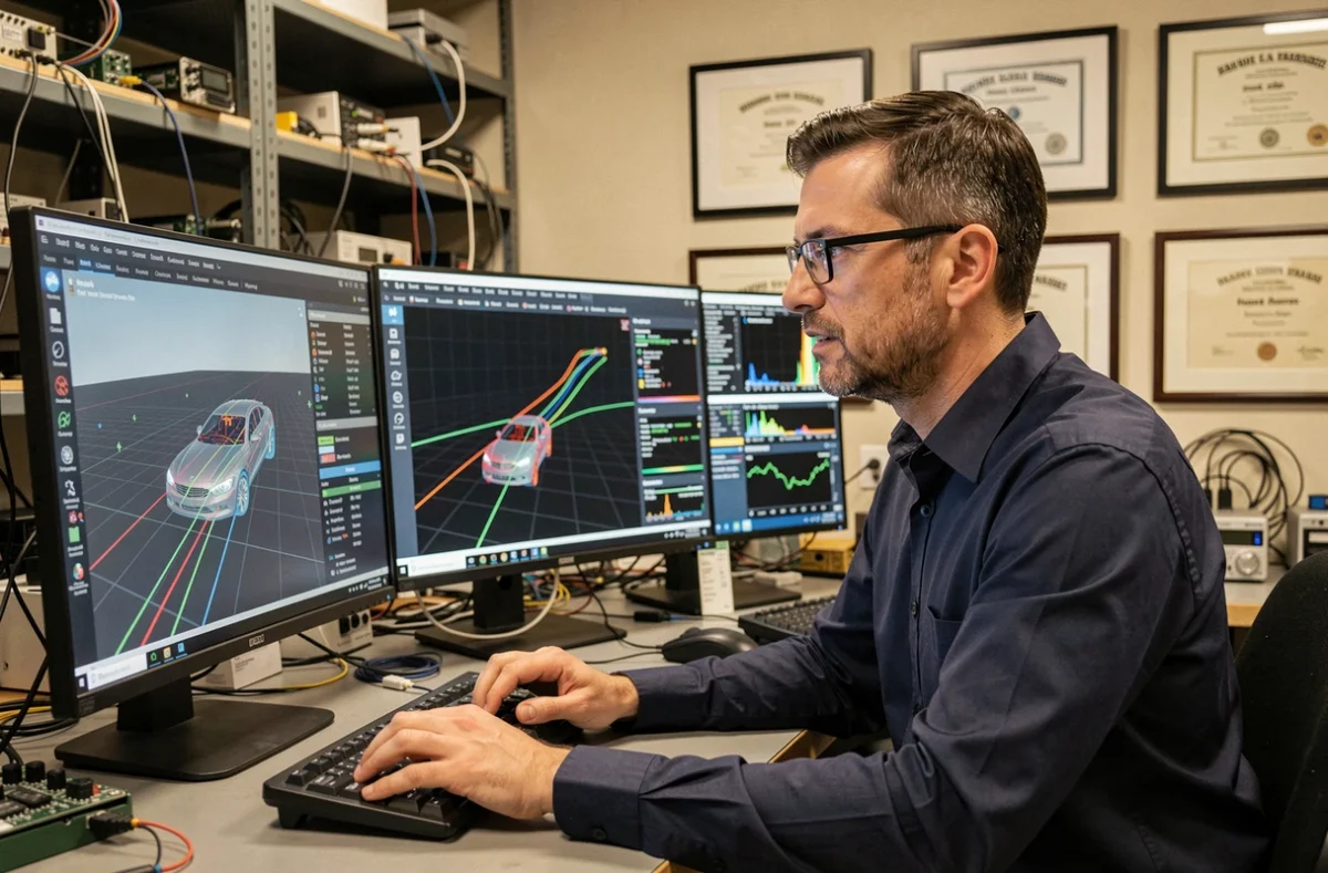 Ingénieur spécialisé dans les véhicules autonomes analysant des données de simulation dans un laboratoire de recherche