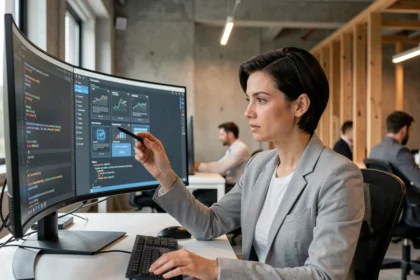 Ingénieure logicielle travaillant sur des interfaces futuristes dans un bureau technologique moderne, illustrant l'avenir de l'informatique