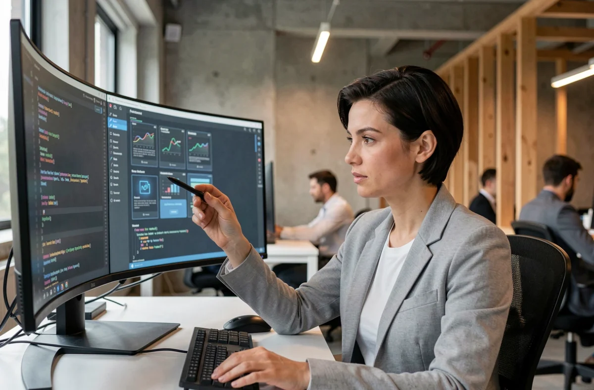 Ingénieure logicielle travaillant sur des interfaces futuristes dans un bureau technologique moderne, illustrant l'avenir de l'informatique