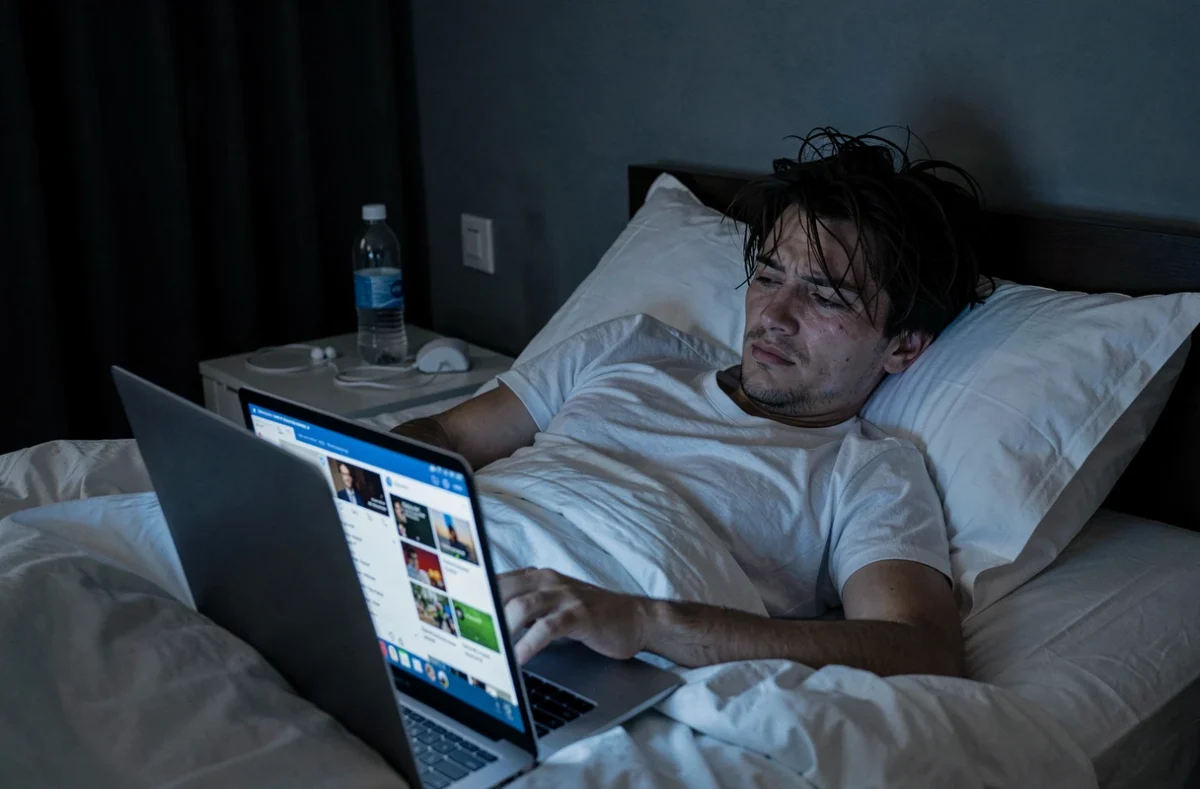 Homme adulte insomniaque naviguant sur les réseaux sociaux la nuit sur son ordinateur portable au lit, illustrant les troubles du sommeil causés par l'usage excessif des médias sociaux