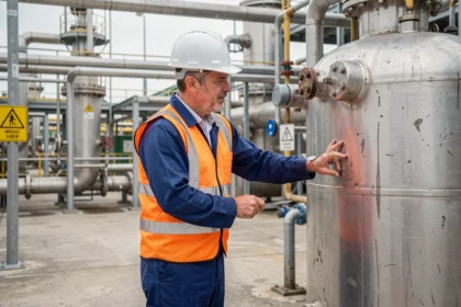 Ingénieur industriel inspectant un réservoir de stockage d'hydrogène dans une usine chimique